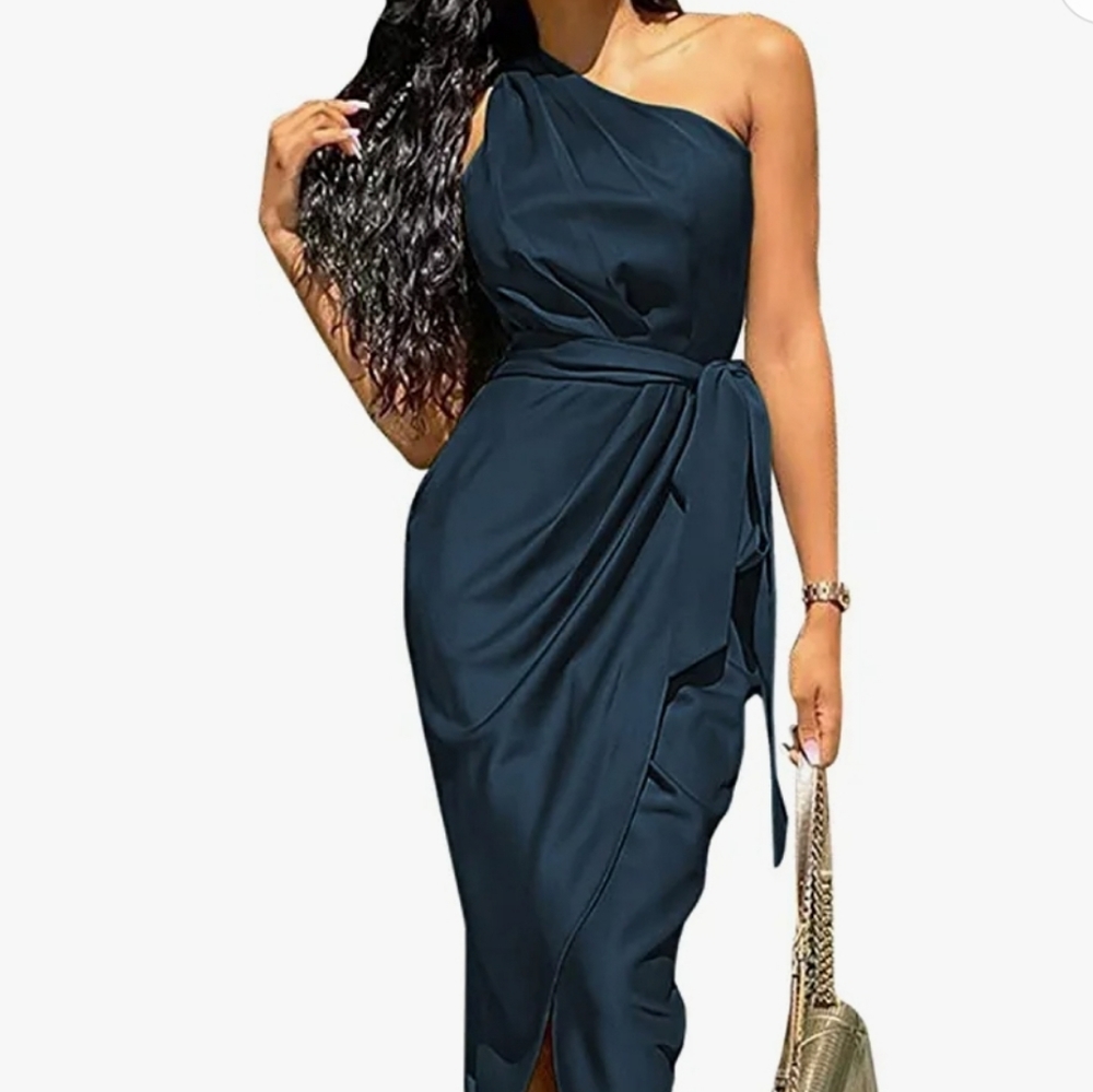 NWT Prettygarden Ruched Sleeveless One Shoulder Wrap Dress (XL) Size M in Blue